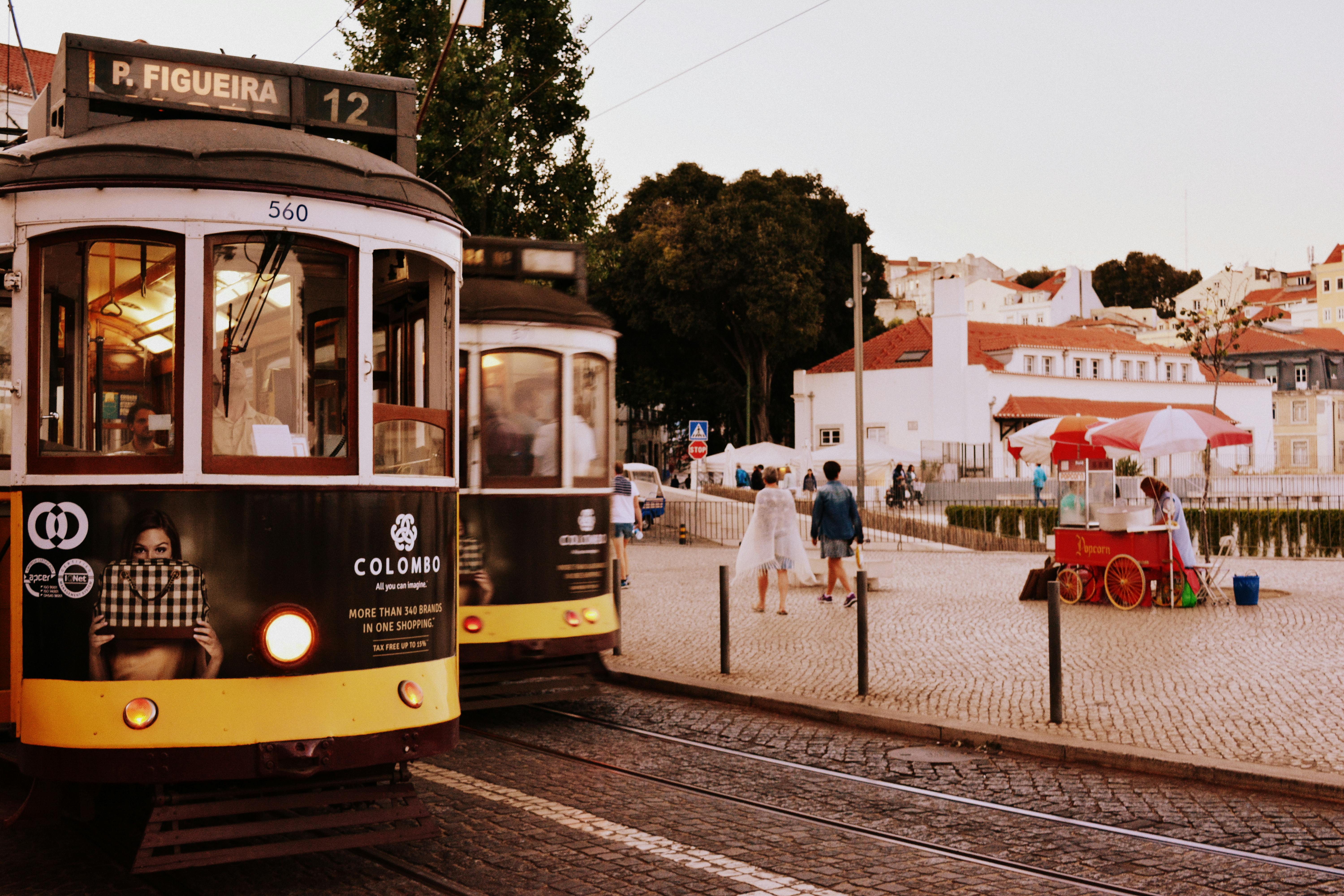 Colorful street in Lisbon with tram 28
